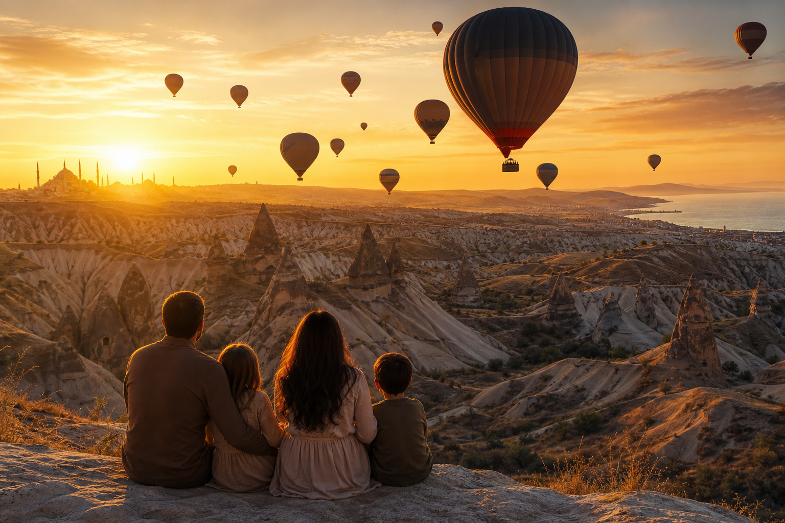 Turkey trip cover: Cappadocia balloons at sunrise with Istanbul skyline